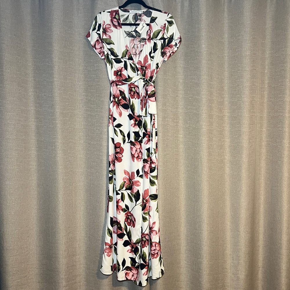 Reference White Floral Maxi Wrap Dress - Pink and Green, Size XS